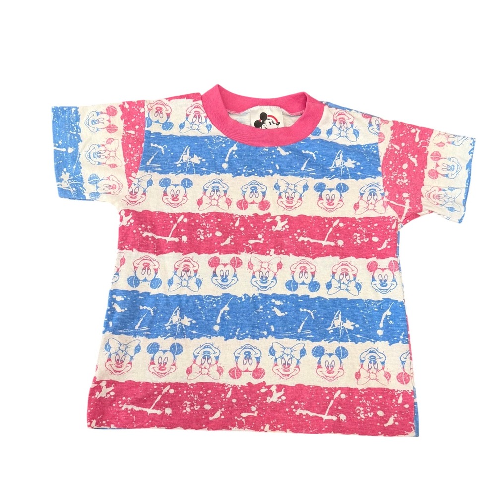 Disney Vintage 90s Mickey Minnie Mouse T Shirt Kids 5/6 Pink Blue Splatter Print